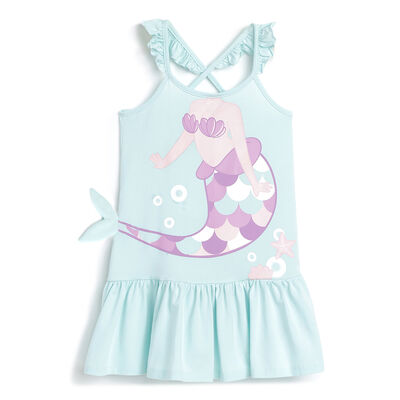 Girls Light Blue Printed Sleeveless Dress